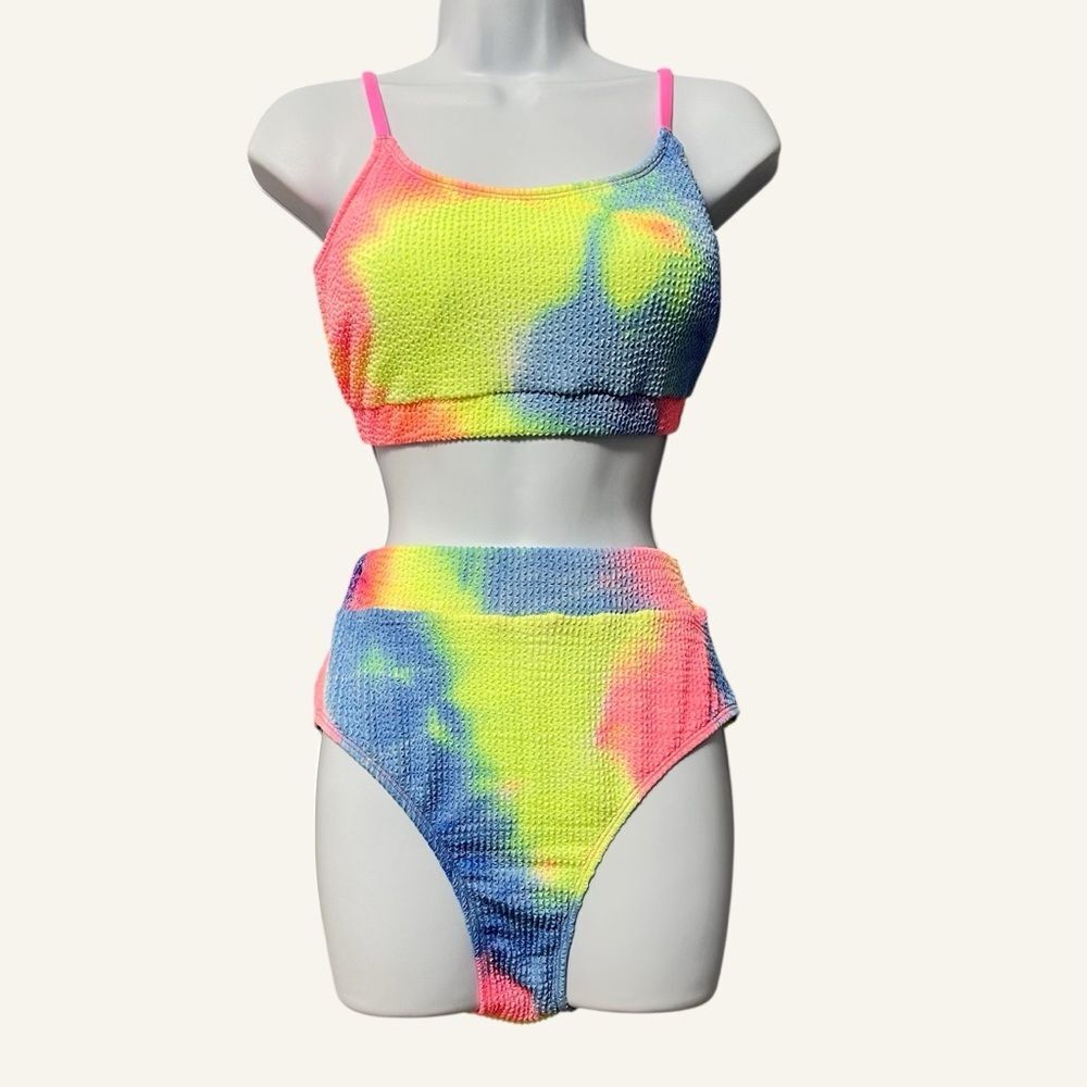 Cupshe Tie Dye Textured Scoop Neck High Waisted Bikini NWT Size Large Pastel - Picture 3 of 10